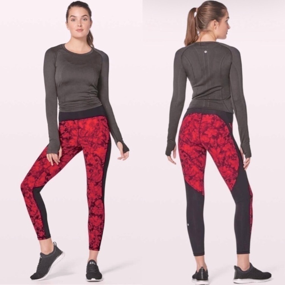 Lululemon Floral High Rise Leggings Black & Red Carminetrue Train Times size 4 - Picture 7 of 8